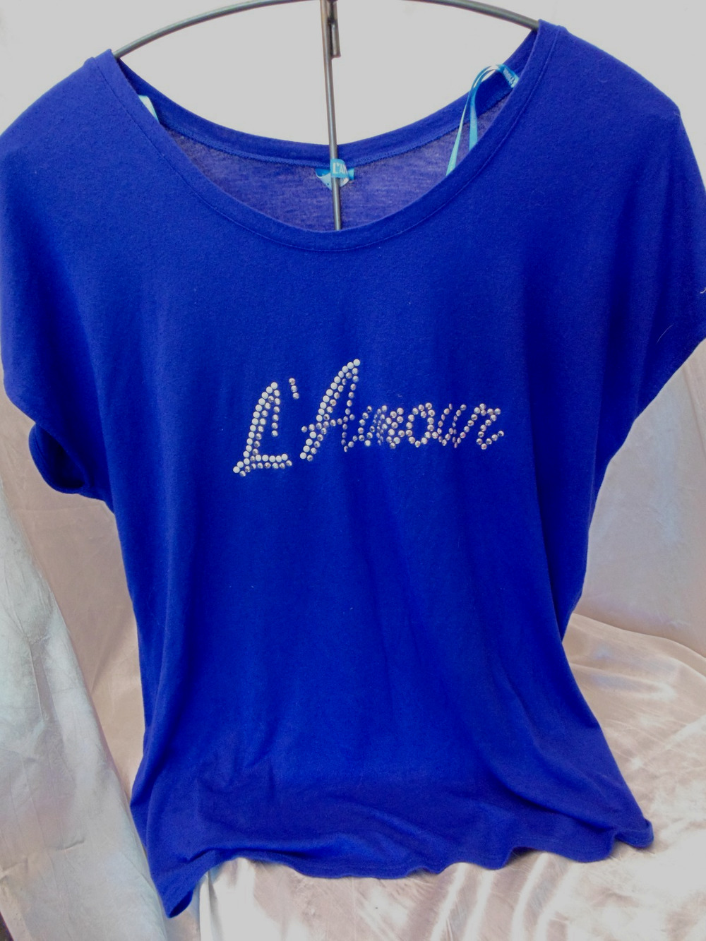 Vtg L'Amour LOVE Embellished Silver Studded Top Womens XL Blue Scoop Neck